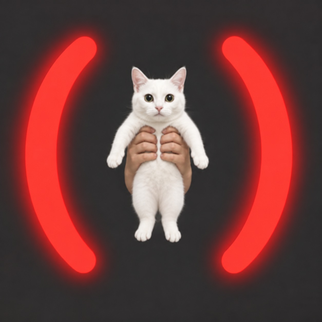 The original ShortCat held between red neon parentheses